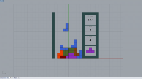 Tetris Game for Rhinoceros.   Use Left/Right keys to move the block, Up key or Space key to rotate, and Down key to move it down.  
